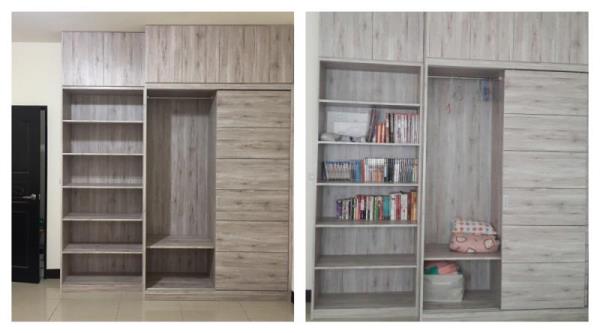 臥房使用兩種收納櫃，分別用於存放書籍(左)，及枕頭被單等衣物(右)。