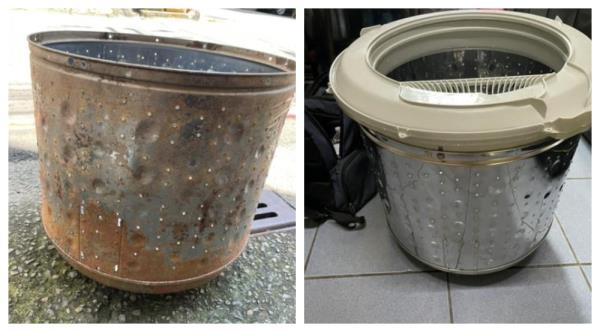 看似生鏽的洗衣筒(左)，其實只是被髒汙所覆蓋住，清洗後還以晶亮(右)