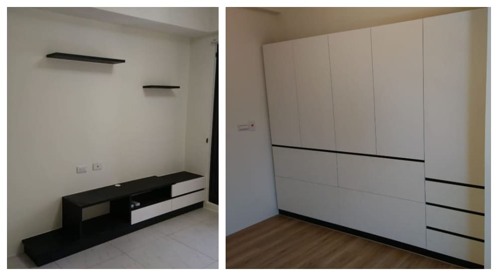 電視櫃設計(左)、臥室衣櫃(右)，採黑白色調營造時尚感
